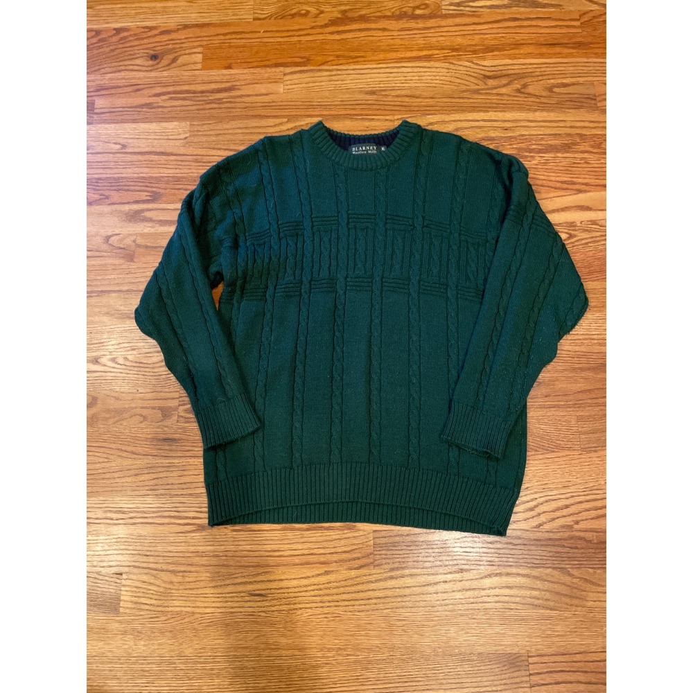 Blarney Woollen Mills Mens Sweater XL Green Wool Blend Cable Knit Crew Neck